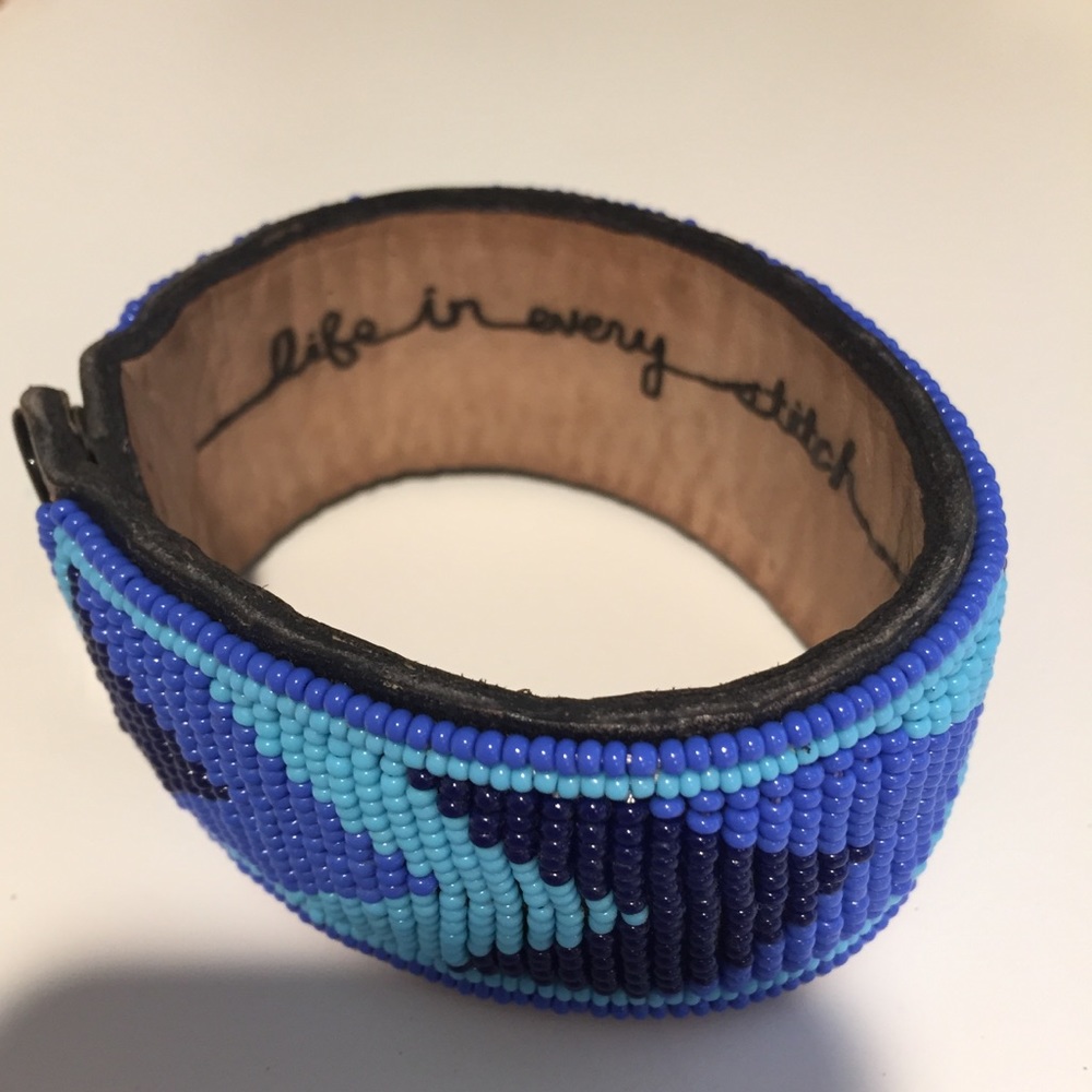 Leather Blue Bead Cuff Bracelet